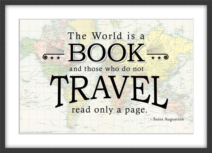 Travel Quote Map Print 'The World is a Book...' (Wood Frame - Black)