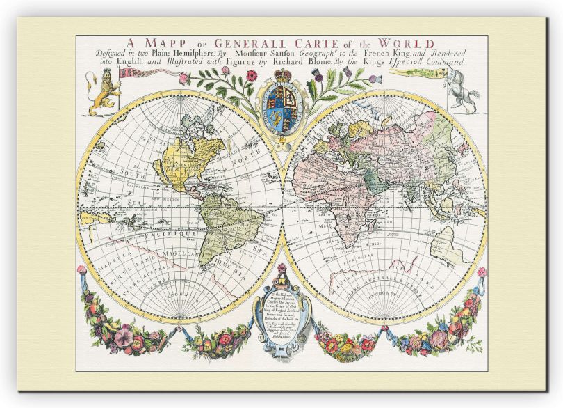 Extra Small Vintage French Double Hemisphere World Map c1700 (Canvas)