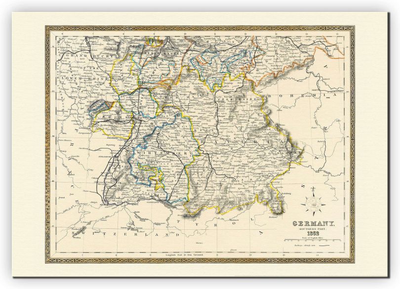 Medium Vintage Map of Southern Germany (Canvas)