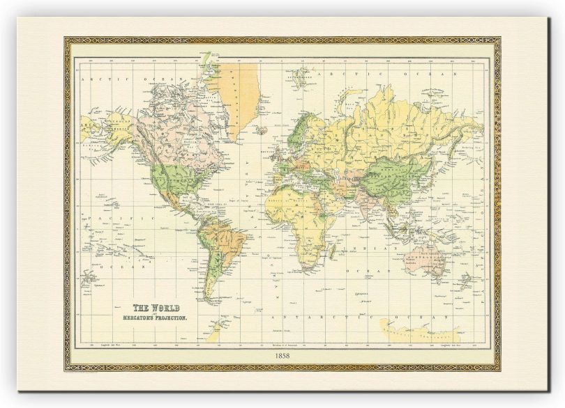 Huge Vintage Mercators Projection World Map 1858 (Canvas)