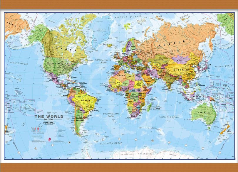 Small World Wall Map Political (Wooden hanging bars)
