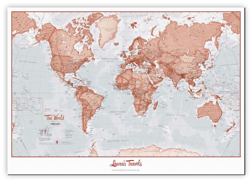 Medium Personalised World Is Art - Wall Map Red (Canvas)