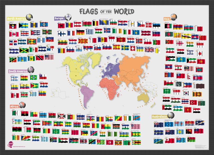 Primary Flags of the World poster (Wood Frame - Black)