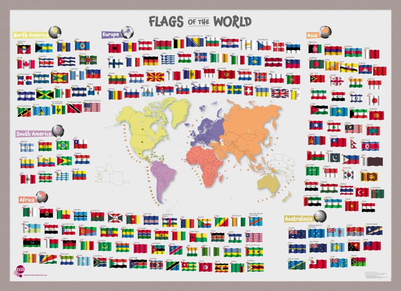 Primary Flags of the World poster (Pinboard & framed - Silver)