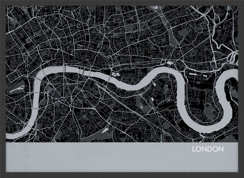 Small London City Street Map Print Charcoal (Wood Frame - Black)
