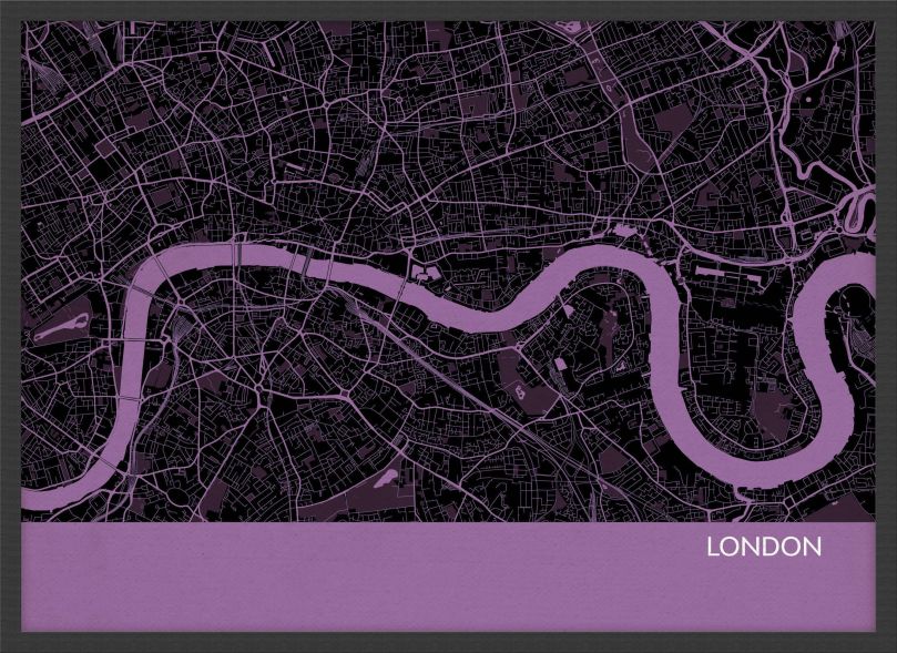 A3 London City Street Map Print Mauve (Wood Frame - Black)
