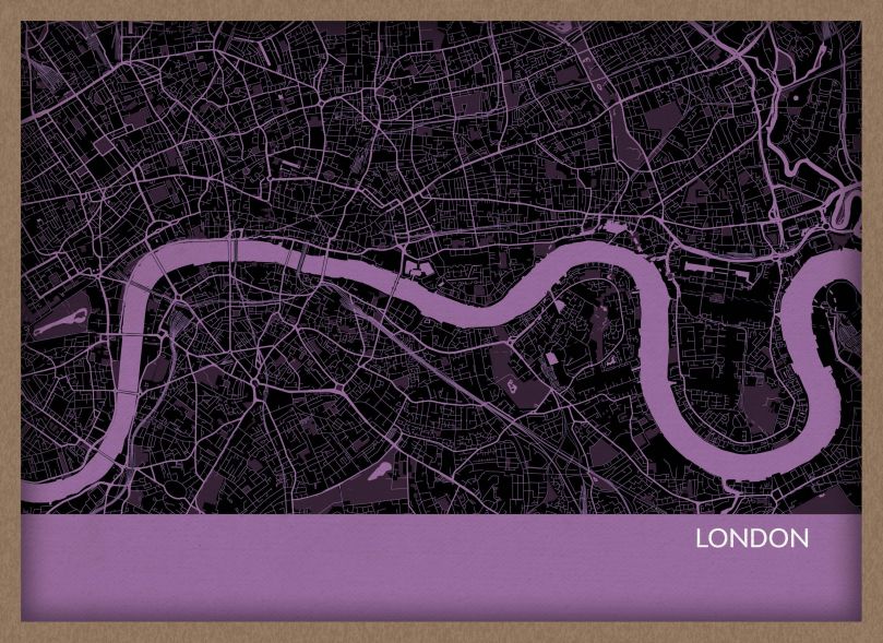 A3 London City Street Map Print Mauve (Wood Frame - Oak Style)