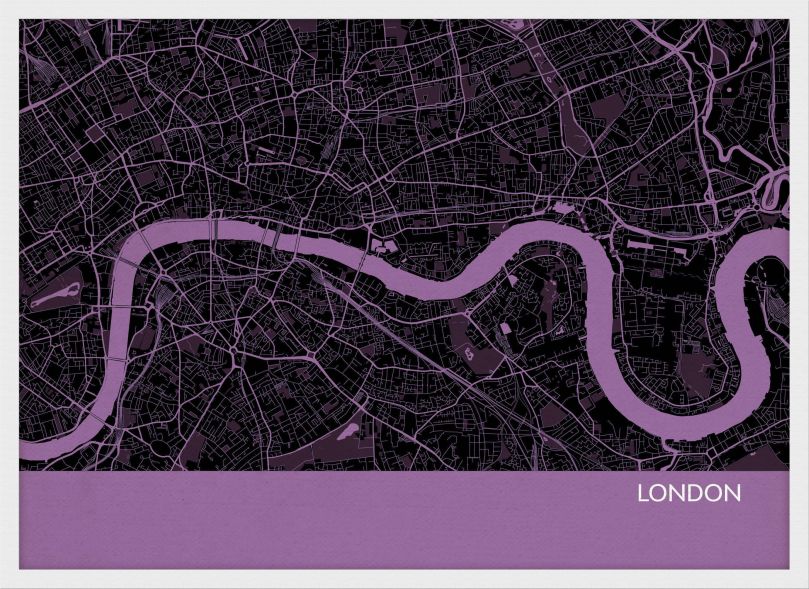 A3 London City Street Map Print Mauve (Wood Frame - White)