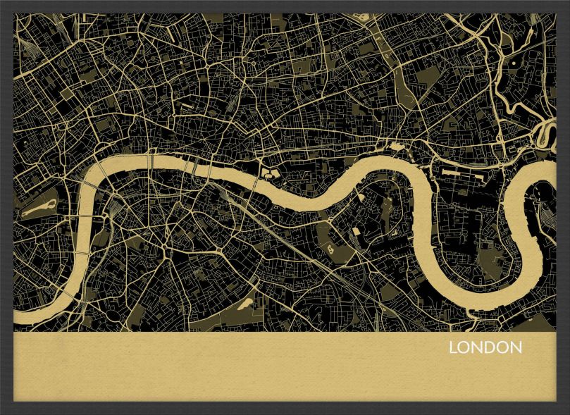 A3 London City Street Map Print Straw (Wood Frame - Black)