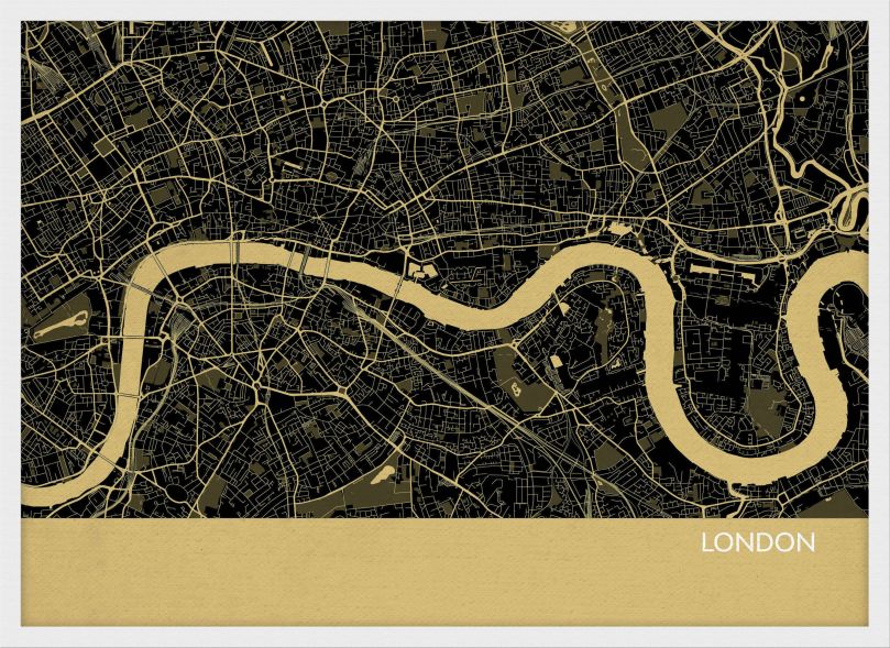 A3 London City Street Map Print Straw (Wood Frame - White)
