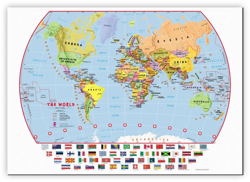 Medium Primary World Wall Map Political with flags (Canvas)