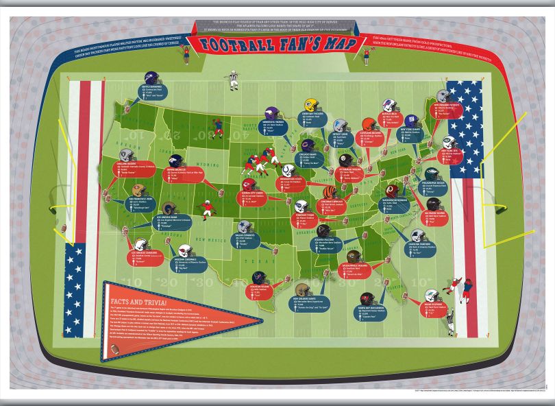 Large American Football Stadiums Map (Rolled Canvas with Hanging Bars)