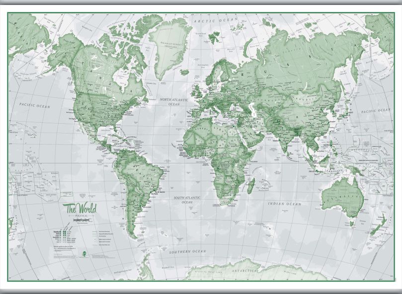Large The World Is Art - Wall Map Green (Hanging bars)