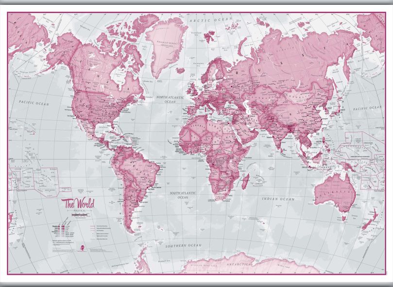 Large The World Is Art - Wall Map Pink (Hanging bars)