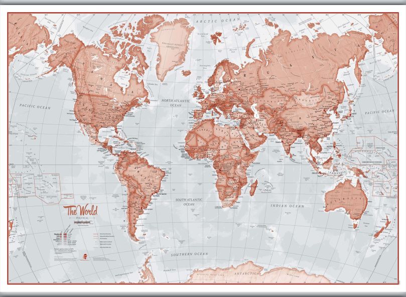 Huge The World Is Art - Wall Map Red (Hanging bars)