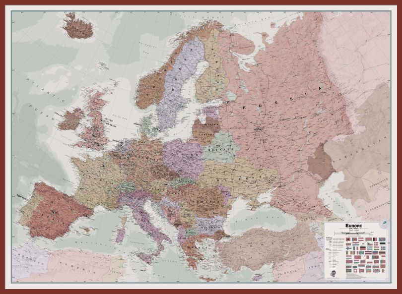 Large Executive Europe Wall Map Political (Pinboard & framed - Dark Oak)