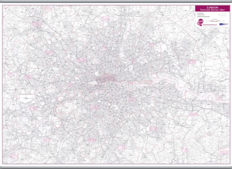 London Postcode District Wall Map (within M25) (Hanging bars)
