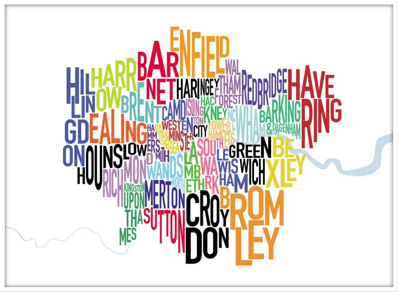 Large London UK Text Map (Wood Frame - White)