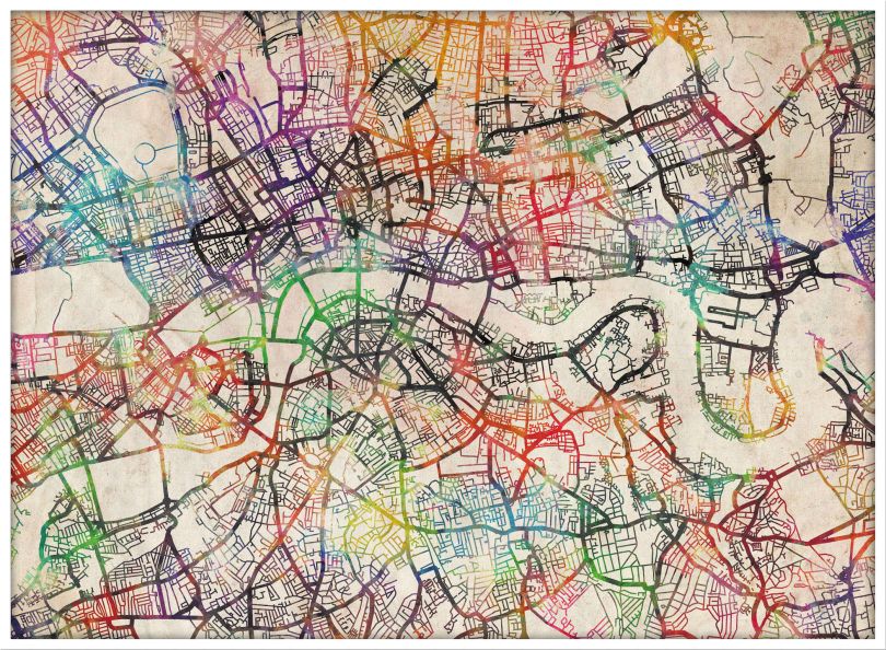Large Watercolour Map of London (Wood Frame - White)