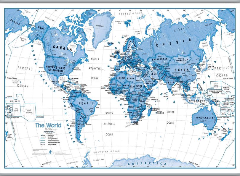 Huge Children's Art Map of the World Blue (Hanging bars)