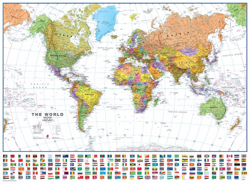 Huge World Wall Map Political with flags White Ocean (Magnetic board and frame)