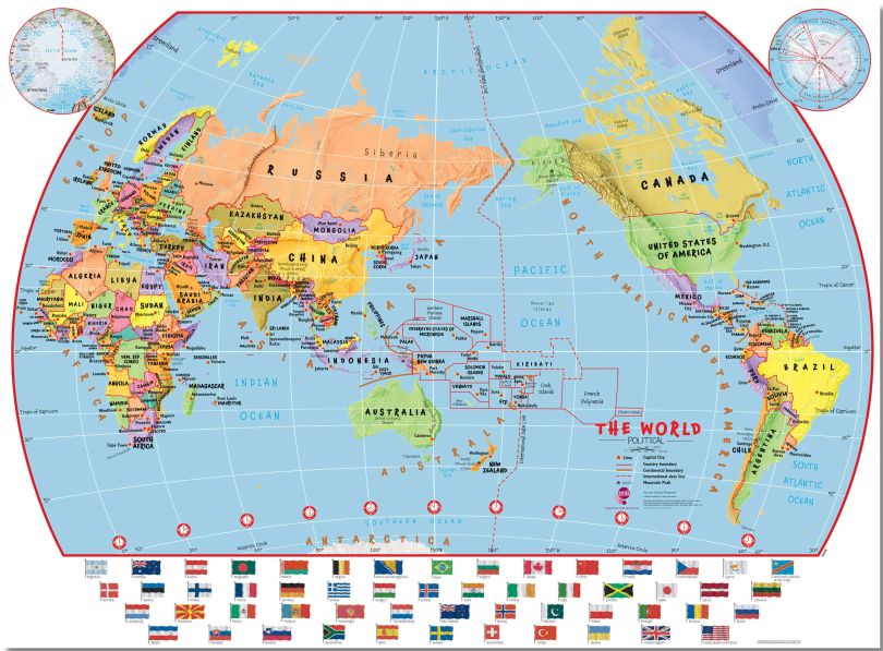 Large Primary Pacific Centred World Wall Map Political with flags (Pinboard)