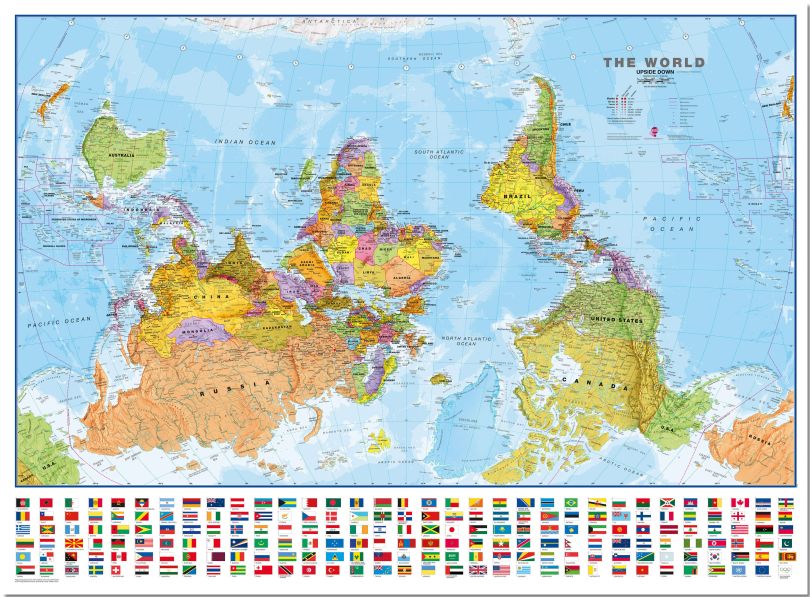 Large Upside-down World Wall Map Political with flags (Pinboard)