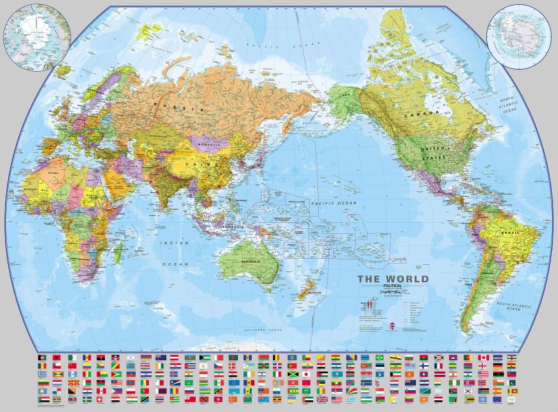 World Pacific-centred Wall Map with flags