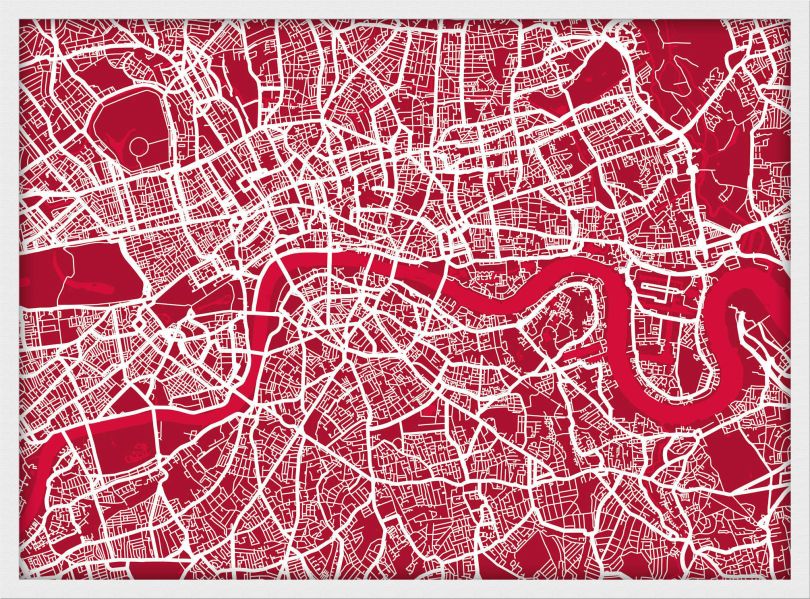 Medium London Street Art Map (Wood Frame - White)