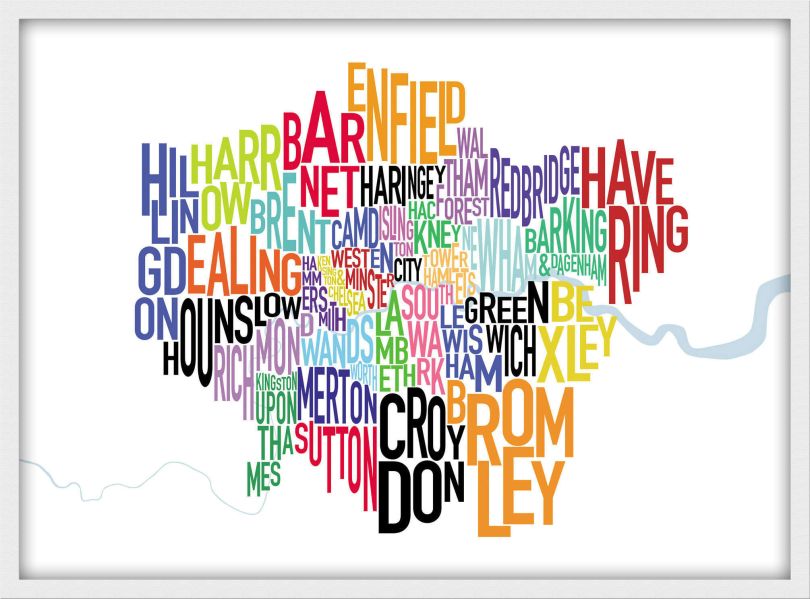 Medium London UK Text Map (Wood Frame - White)