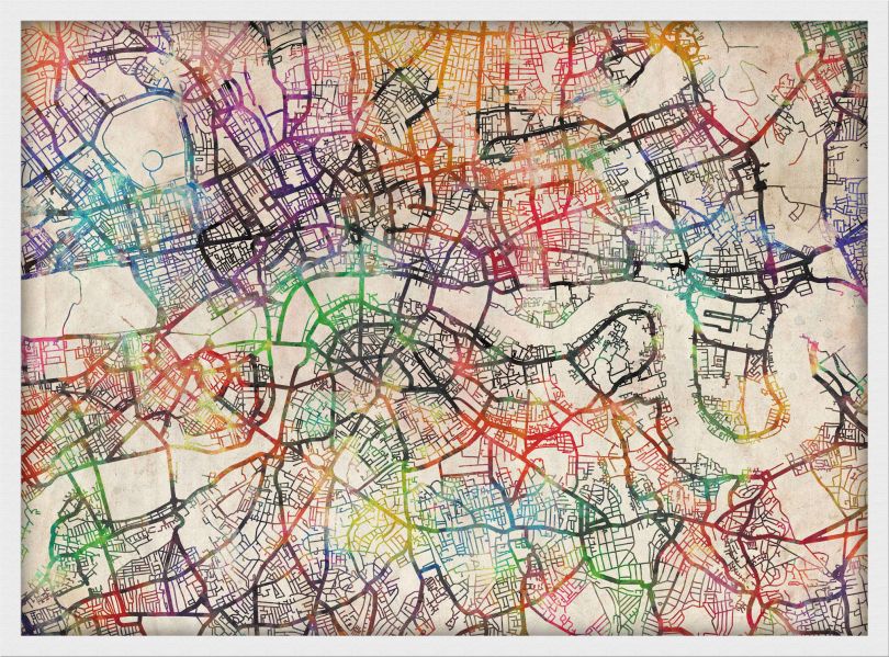Medium Watercolour Map of London (Wood Frame - White)