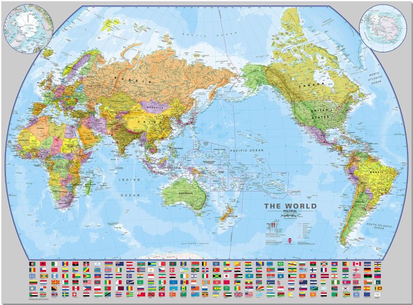 Large World Pacific-centred Wall Map with flags (Pinboard)