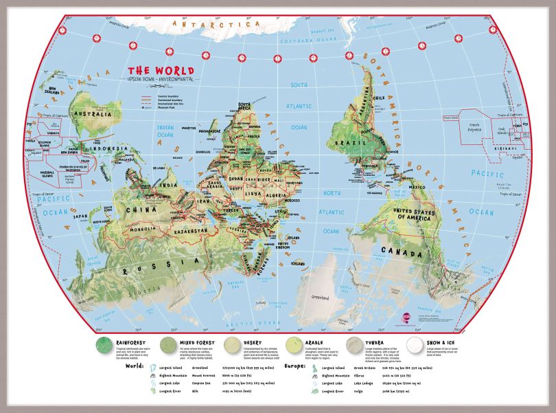 Huge Primary Upside Down World Wall Map Environmental (Pinboard & framed - Silver)