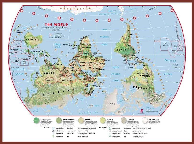 Large Primary Upside Down World Wall Map Environmental (Pinboard & framed - Dark Oak)