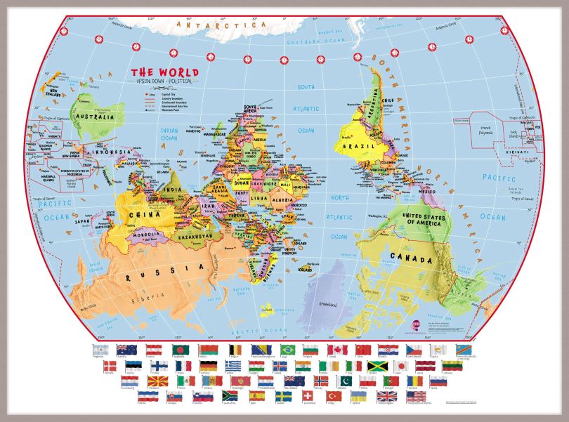 Large Primary Upside Down World Wall Map Political with flags (Pinboard & framed - Silver)