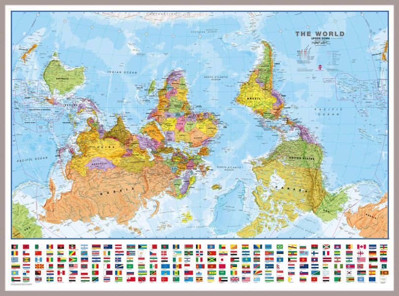 Large Upside-down World Wall Map Political with flags (Pinboard & framed - Silver)