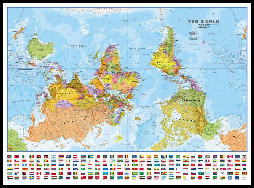 Large Upside-down World Wall Map Political with flags (Pinboard & framed - Black)