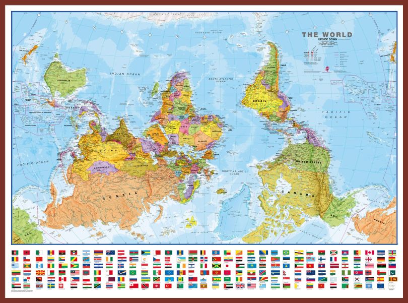 Huge Upside-down World Wall Map Political with flags  (Pinboard & framed - Dark Oak)