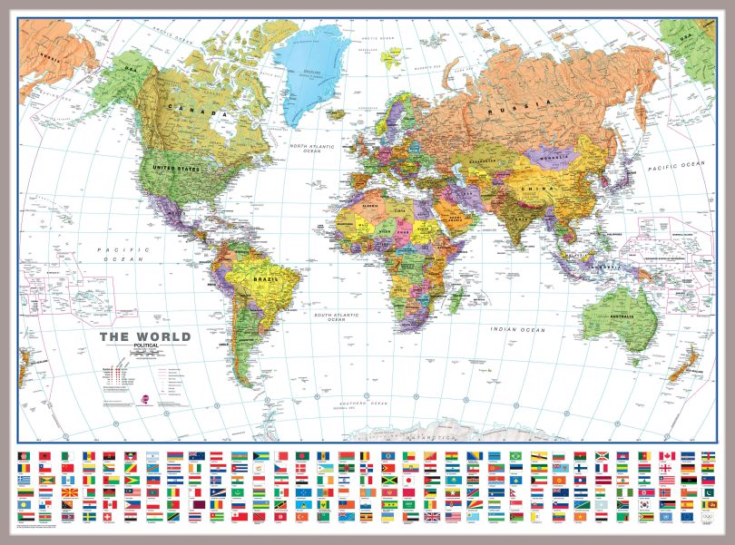 Large World Wall Map Political with flags White Ocean (Pinboard & framed - Silver)