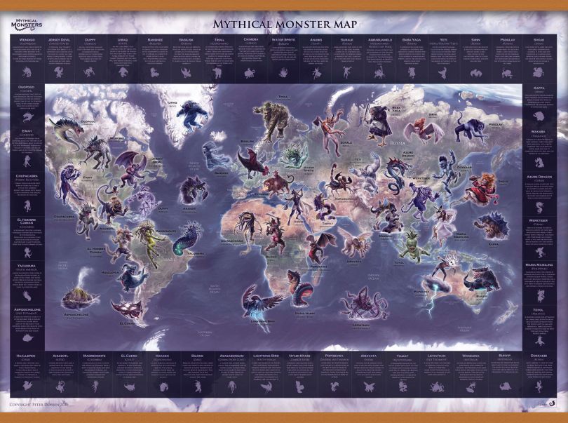 Large Mythical Monster World Map (Rolled Canvas with Wooden Hanging Bars)