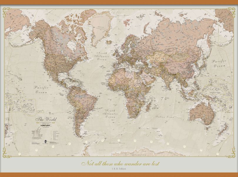 Huge Personalised Antique World Map (Wooden hanging bars)