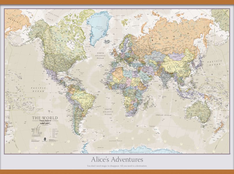Large Personalised Classic World Map (Wooden hanging bars)