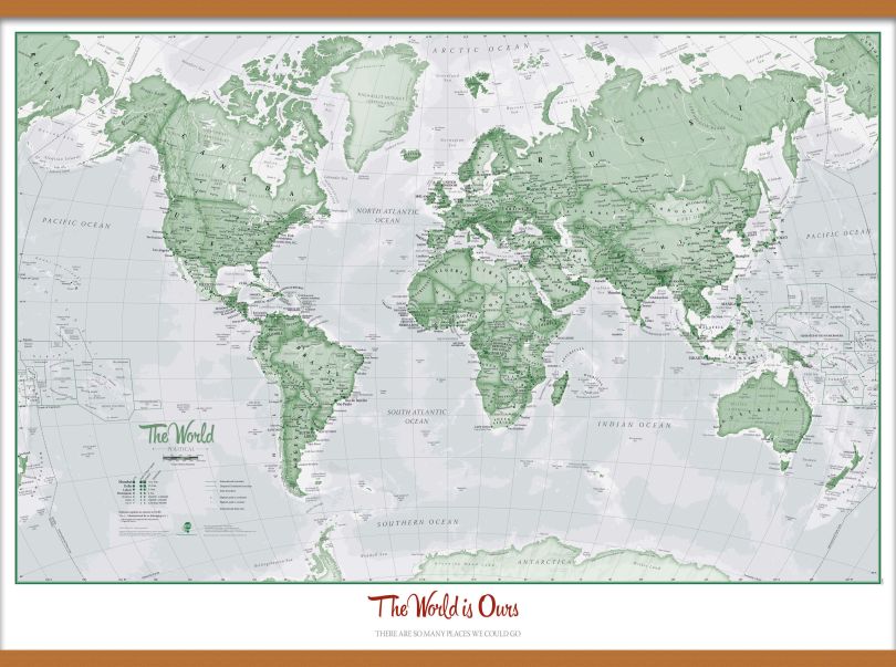 Large Personalised World Is Art - Wall Map Green (Wooden hanging bars)