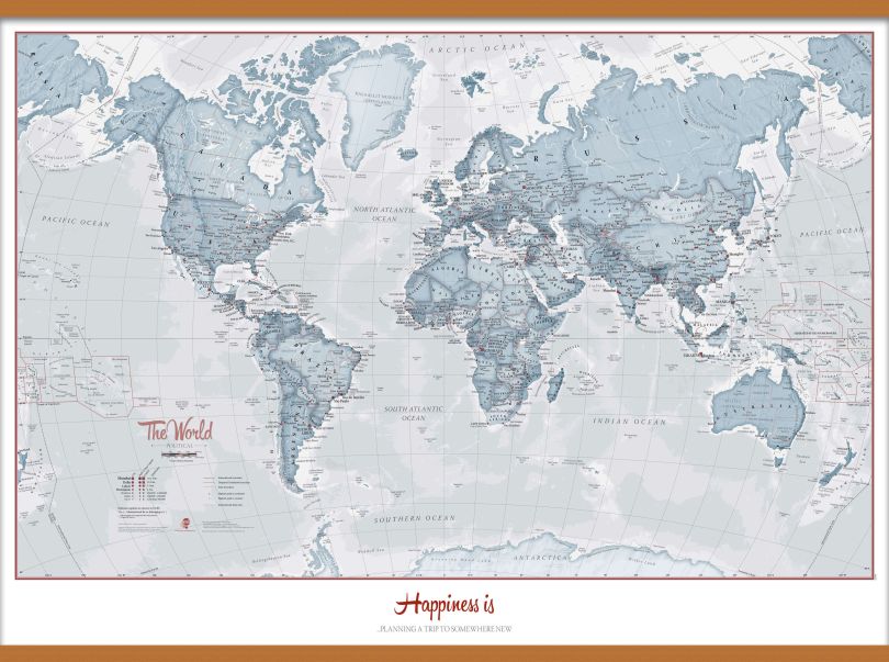 Large Personalised World Is Art - Wall Map Teal (Wooden hanging bars)