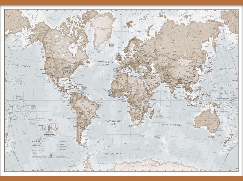Large The World Is Art - Wall Map Neutral (Wooden hanging bars)