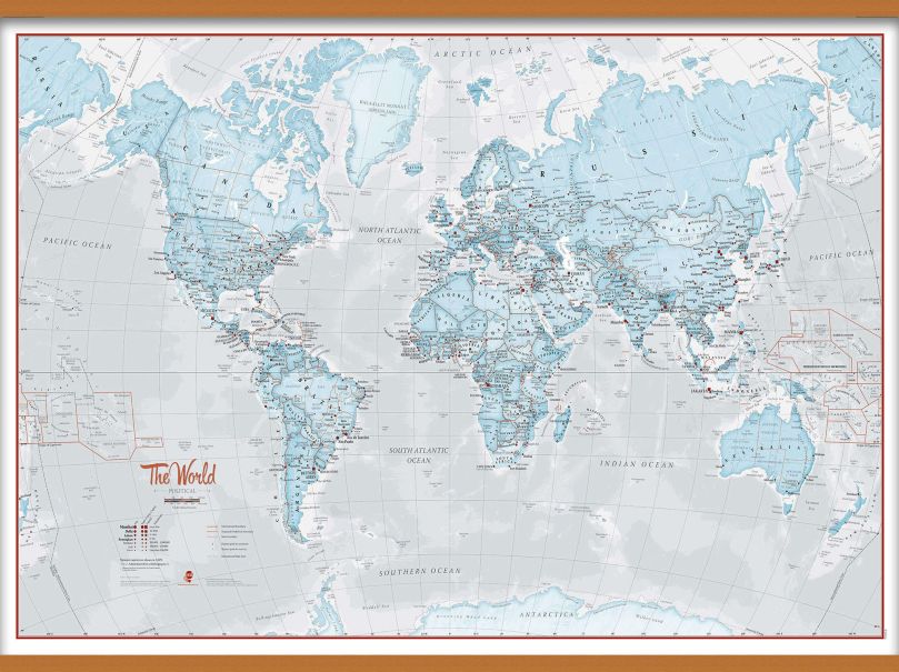 Large The World Is Art - Wall Map Aqua (Wooden hanging bars)