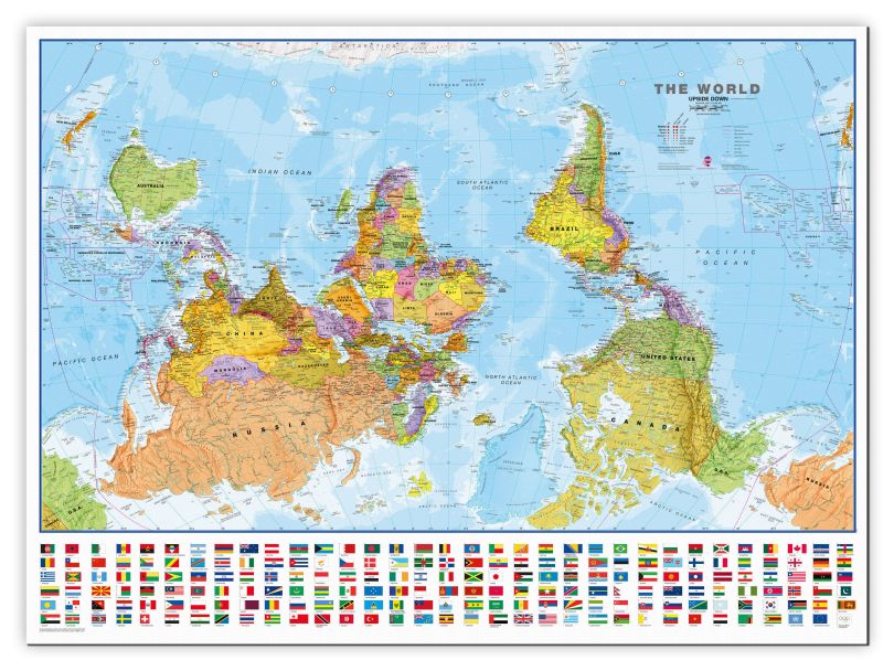 Large Upside-down World Wall Map Political with flags (Canvas)