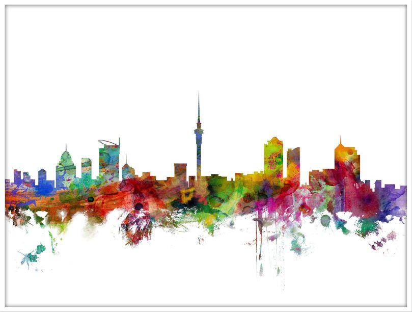 Large Auckland New Zealand Watercolour Skyline (Wood Frame - White)