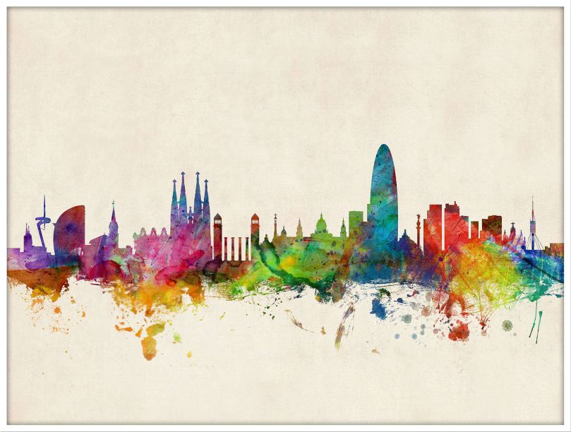 Large Barcelona Spain Watercolour Skyline (Wood Frame - White)
