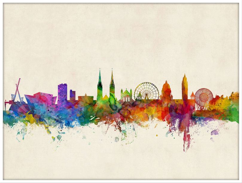 Large Belfast Northern Ireland Watercolour Skyline (Wood Frame - White)
